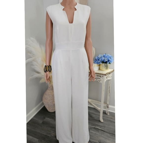 Tahari ASL Pants - Tahari By ASL Off White Raised Collar Sleeveless Solid Crepe Jumpsuit